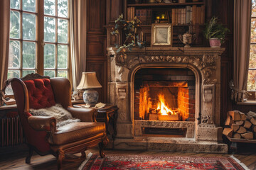 A parlor with a Victorian style and a fireplace