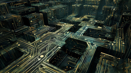Digital circuit-themed labyrinth, complex pathways resembling electronic circuit boards.