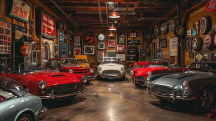 classic cars in a car enthusiast garage retro picture
