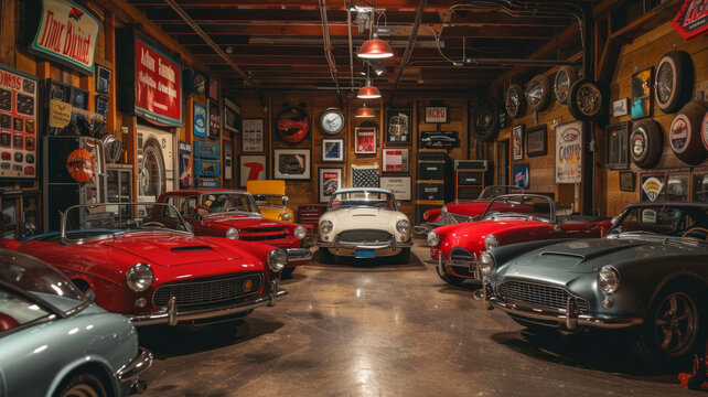 Fototapeta classic cars in a car enthusiast garage retro picture