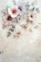 Vertical Minimalist hand painted wall art pastel colored flower composition on bone background.