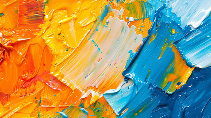 Abstract orange blue painting texture background with oil brushstrokes, pallet knife paint and square overlapping layers