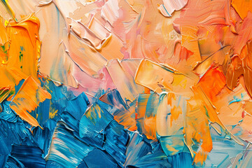 Abstract orange blue painting texture background with oil brushstrokes, pallet knife paint and square overlapping layers