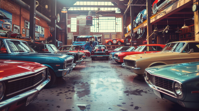 classic cars in a car enthusiast garage retro picture