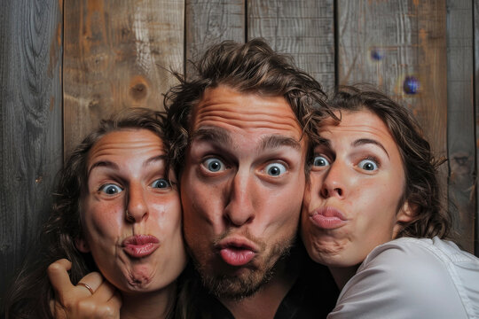 A photo booth strip of four pictures showing a couple making funny faces and kissing