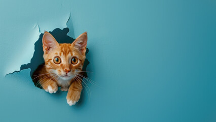 A playful orange kitten with striking green eyes peeks curiously from a torn blue paper background, capturing a moment of cute exploration