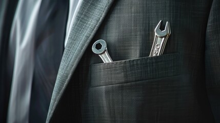 Suited for success: Businessman with a wrench discreetly tucked in his suit pocket, symbolizing corporate readiness and problem-solving skills.
