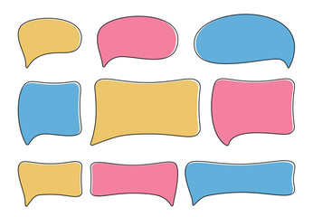 A set of hand drawn doodle blank text frames. Colored text box. Empty speech bubbles without  background. Window for dialogue, thoughts. Flat Vector Illustration EPS10