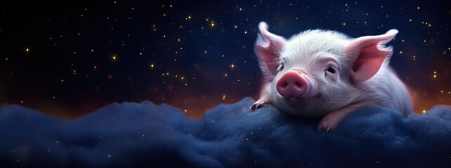 Fototapeta premium Pig against cosmic background with space, stars, nebulae, vibrant colors, flames; digital art in fantasy style, featuring astronomy elements, celestial themes, interstellar ambiance
