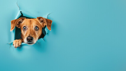Captivating brown dog eyes peer through a torn hole, giving a longing look atop a blue background - obrazy, fototapety, plakaty