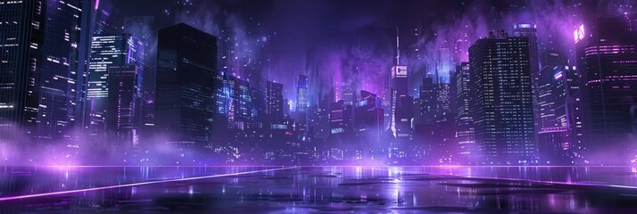 Neon Cyberpunk City, Urban Future Metaverse, Night Purple Street Texture Background, Copy Space