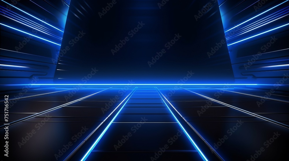 Poster dark background with lines, spotlights, neon light. abstract blue scene.