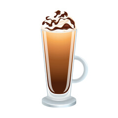 Chocolate latte with whipped cream vector illustration. Latte with whipped cream and chocolate topping icon vector isolated on a white background. Coffee in a tall glass with a handle drawing