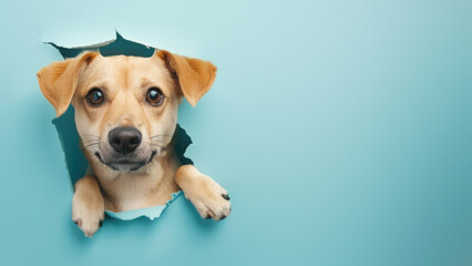 A dog's paws and snout are playfully poking through a ripped paper wall with a blue background,...