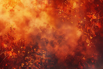 Develop a mottled background that captures the fiery intensity and contrast of a forest fire, with bright oranges and reds against a backdrop of smoke and ash