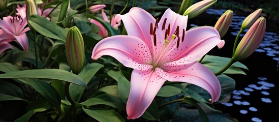 A detailed view of a pink lily flower surrounded by vibrant green leaves. The intricate petals and delicate stamen of the flower are sharply in focus, contrasting against the lush foliage in the