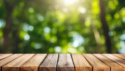 nature themed background with a wooden table in a garden featuring bokeh in a spring summer setting the wood surface is versatile serving as a shelf counter desk and for picnic meals and produc