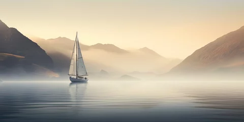 Rolgordijnen A serene image of a sailboat gliding over calm waters with misty hills in the background © Svitlana