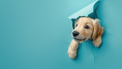 A playful dog surprises by breaking the blue paper, creating a delightful and engaging scene