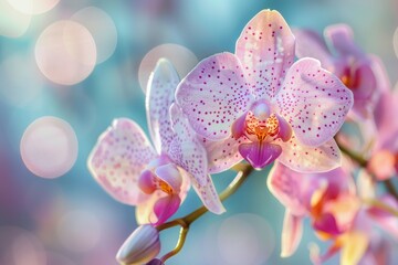 Orchid Macro Photo, Exotic Phalaenopsis Flower Closeup, Blurred Background, Copy Space - obrazy, fototapety, plakaty