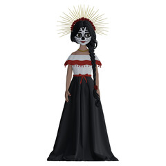 Mexican girl in halo crown and beautiful dress dia de muertos concept 3d rendered icon

