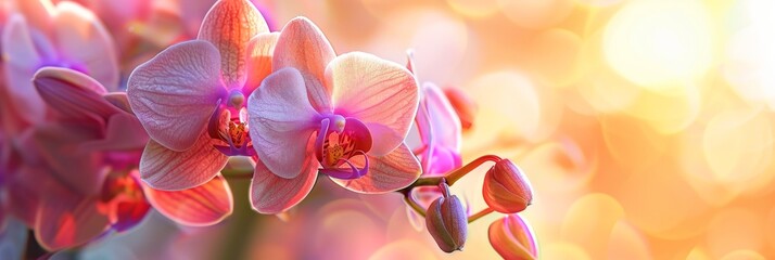 Fototapeta na wymiar Orchid Macro Photo, Exotic Phalaenopsis Flower Closeup, Blurred Background, Copy Space