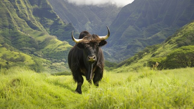 Portrait of a black yak in a mountain forest . generative AI image