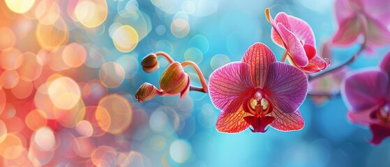 Orchid Macro Photo, Exotic Phalaenopsis Flower Closeup, Blurred Background, Copy Space - obrazy, fototapety, plakaty