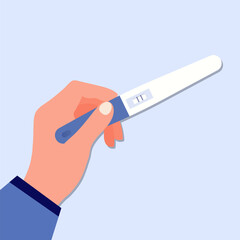 Illustration of a woman's hand holding a positive pregnancy test. Vector.