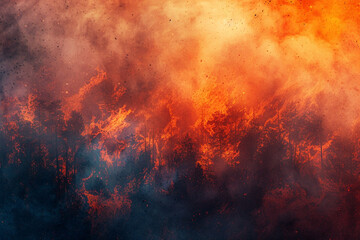 Develop a mottled background that captures the fiery intensity and contrast of a forest fire, with bright oranges and reds against a backdrop of smoke and ash - obrazy, fototapety, plakaty