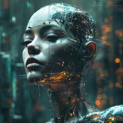 Neural Network as Woman Head, Future Predict, Futuristic Cyber Human, Cyborg Machine Portrait