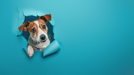 A playful Jack Russell Terrier looking through a ripped hole in a vibrant blue paper background, offering a cute expression