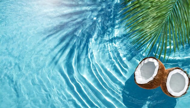 aqua waves and coconut palm shadow on blue background water pool texture top view tropical summer mockup design luxury travel holiday 3d render