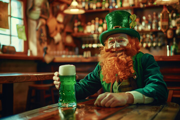 A cheerful leprechaun, adorned in festive attire, relaxes at an Irish pub, enjoying a refreshing drink as they celebrate St. Patrick's Day