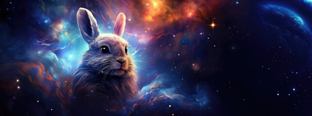 Rabbit with cosmic background with space, stars, nebulae, vibrant colors, flames; digital art in fantasy style, featuring astronomy elements, celestial themes, interstellar ambiance