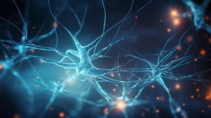 Naklejka na ściany i meble Glowing blue neurons transmitting signals in the expanse of a dark brain