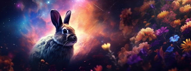 Rabbit with cosmic background with space, stars, nebulae, vibrant colors, flames; digital art in fantasy style, featuring astronomy elements, celestial themes, interstellar ambiance - obrazy, fototapety, plakaty