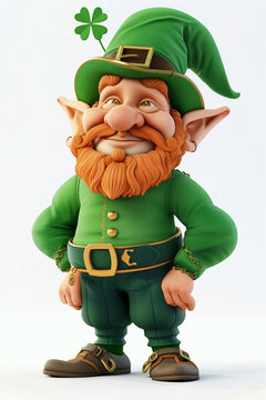 A mischievous leprechaun, sporting a shamrock on his hat, stands out against a clean white background