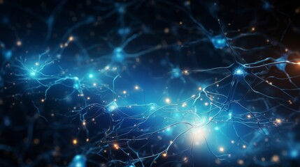 Naklejka na ściany i meble Glowing blue neurons transmitting signals in the expanse of a dark brain