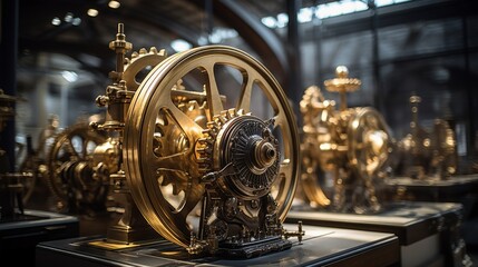 Gold and silver gear mechanism spinning within a steam - obrazy, fototapety, plakaty