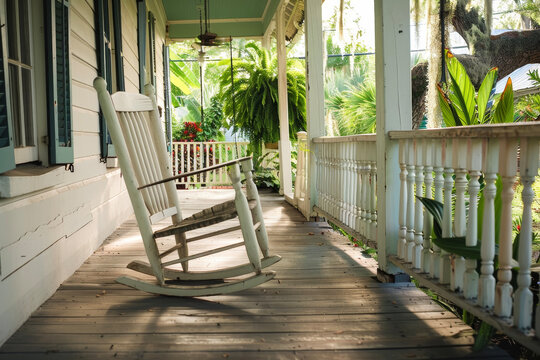 A porch with a southern style and a rocking chair
