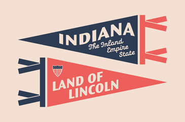 Set of Indiana pennants. Vintage retro graphic flag, pennant, star, sign, symbols of USA. Land of Lincoln. © Дмитрий Сальников