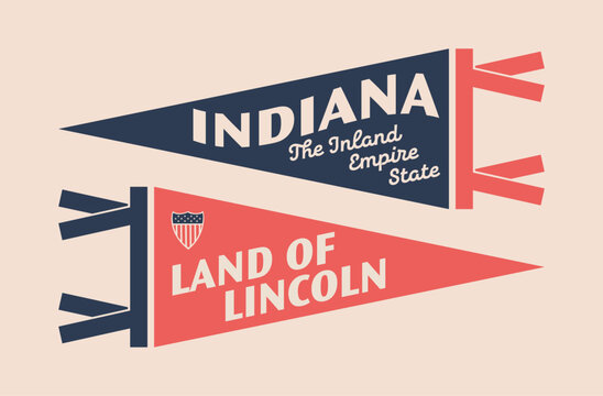 Set of Indiana pennants. Vintage retro graphic flag, pennant, star, sign, symbols of USA. Land of Lincoln.