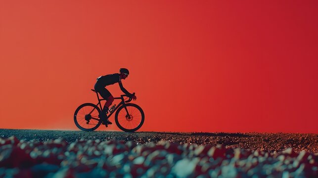 medium side view photography of a cyclist on a gravel bike riding on a gravel path, red studio background