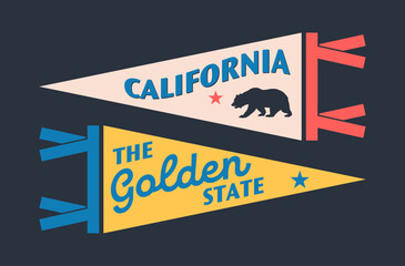 Set of California pennants. Vintage retro graphic flag, pennant, star, sign, symbols of USA. The Golden State.