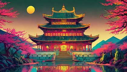 china travel destination poster in retro style ancient temple traditional asian landmark print exotic summer vacation international tourism holidays concept vintage vector colorful illustration