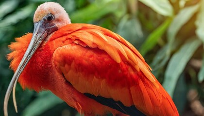 closeup of a bright color feathers of scarlet ibis