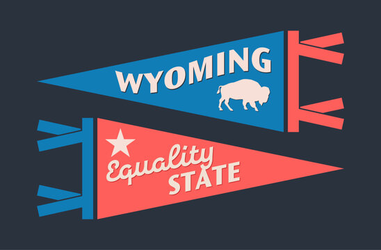 Set of Wyoming pennants. Vintage retro graphic flag, pennant, star, sign, symbols of USA. Equality State.