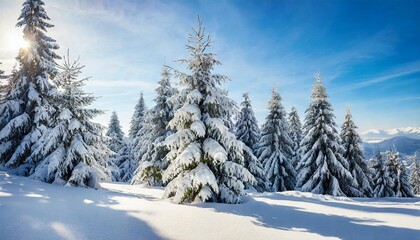 Fototapeta na wymiar incredible snowy fir trees on a frosty day after a heavy snowfall