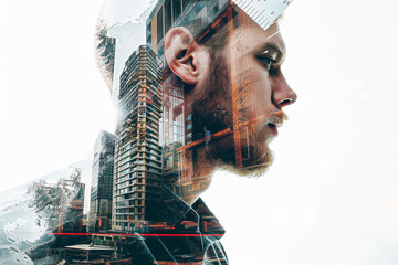 A portrait of a architect with a double exposure of a ruler and a building - Powered by Adobe